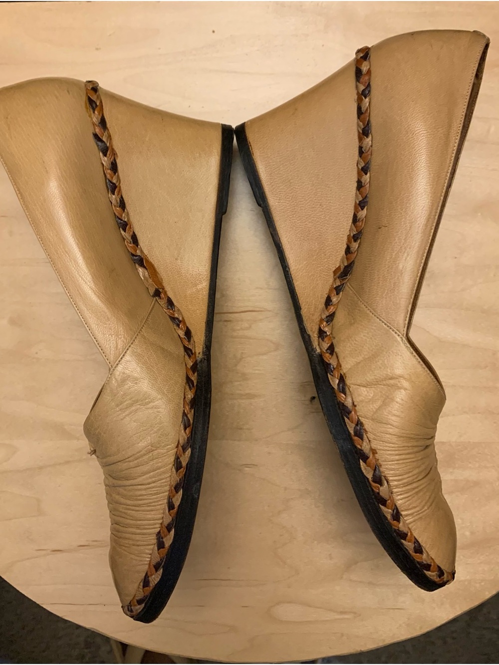 Women's Tan Leather Braided Trim Wedges